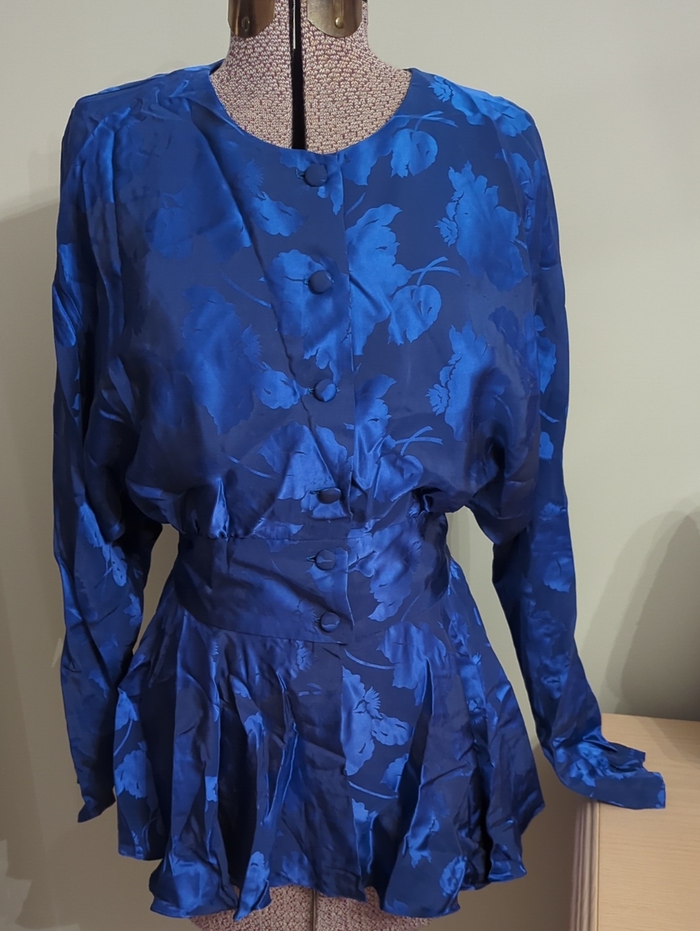 Blue Floral Silk Peplum Blouse